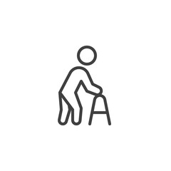 Elderly man with paddle walker line icon. linear style sign for mobile concept and web design. Disabled man with walker outline vector icon. Symbol, logo illustration. Vector graphics
