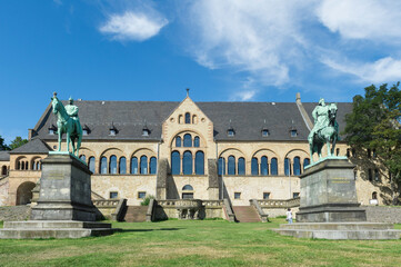 Fototapeta na wymiar Equestrian statue of the Emperors Friedrich Barbarossa and Wilhelm der Grosse, Imperial Palace (Kaiserpfalz), Goslar, Harz, Lower Saxony, Germany, Unesco World Heritage Site