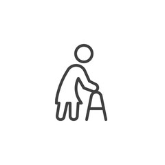 Elderly woman with paddle walker line icon. linear style sign for mobile concept and web design. Disabled woman with walker outline vector icon. Symbol, logo illustration. Vector graphics