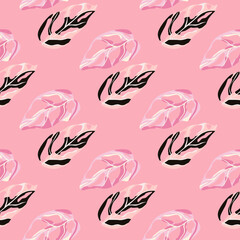 Minimalistic monsera silhouettes seamless pattern. Pink background. Stylized tropical artwork.