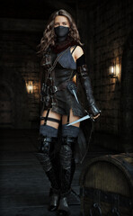 Mysterious silent rogue assassin female closing in on her target . Fantasy 3d rendering  © Digital Storm