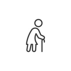 Old woman with stick line icon. linear style sign for mobile concept and web design. Elderly woman with stick outline vector icon. Symbol, logo illustration. Vector graphics