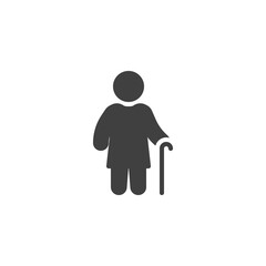 Old person with walking stick vector icon. filled flat sign for mobile concept and web design. Woman with stick glyph icon. Symbol, logo illustration. Vector graphics