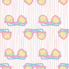 Sunglasses silhouettes seamless doodle pattern. Simple yellow and pink elements on stripped background.