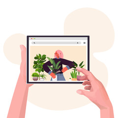 hands using digital device woman planting houseplants in pot on tablet screen horticulture concept portrait vector illustration