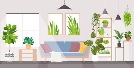 modern living room interior home apartment with houseplants horizontal vector illustration