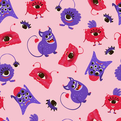 Seamless pattern with funny monsters in cartoon style. Children's background with cute characters for fabric design, Wallpaper, wrapping paper. Vector