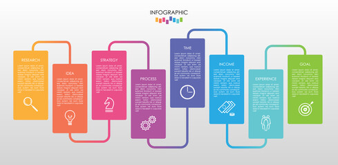 Infographic vector with 8 step colorful connected rectangles structure with gradient. Simple diagram for presentation, business concept and plan.	