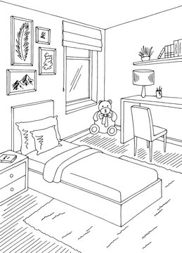Children room graphic black white home interior vertical sketch illustration vector