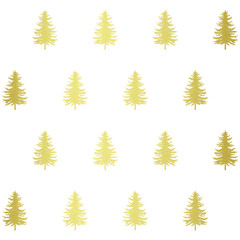 Christmas tree seamless pattern. Noel gold print, New year winter holiday decoration, golden christmas background with firs and white snow, wallpaper, wrapping paper design