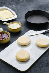 Fresh cheese pancake on marble serving board