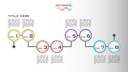 Infographic vector with 8 step colorful  structure with doubled circles connected with line. Simple diagram for presentation, business concept and plan.	