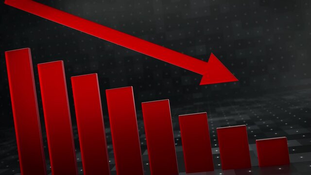 Fall Down Modern Red Graph Bar. Abstract Illustration Plummeting Business 3d Animation. Bad Loss Finance Concept Background. Close-up Chart of Corporate Company Falling Income After Covid19 Pandemic