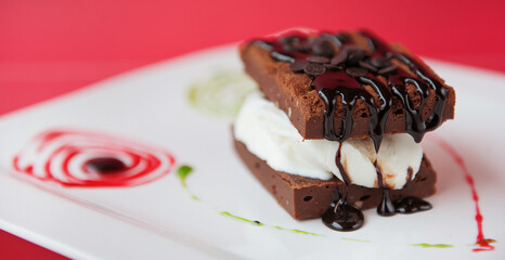 Vanilla Ice Cream Chocolate Brownie With Chocolate Sauce