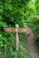 Wood sign in Mt. Hoto-san. Japanese texts are 