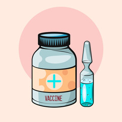 Vaccination concept. Vaccine. Ampoule, Syringe with vaccine. Vector illustration. Flat cartoon. 