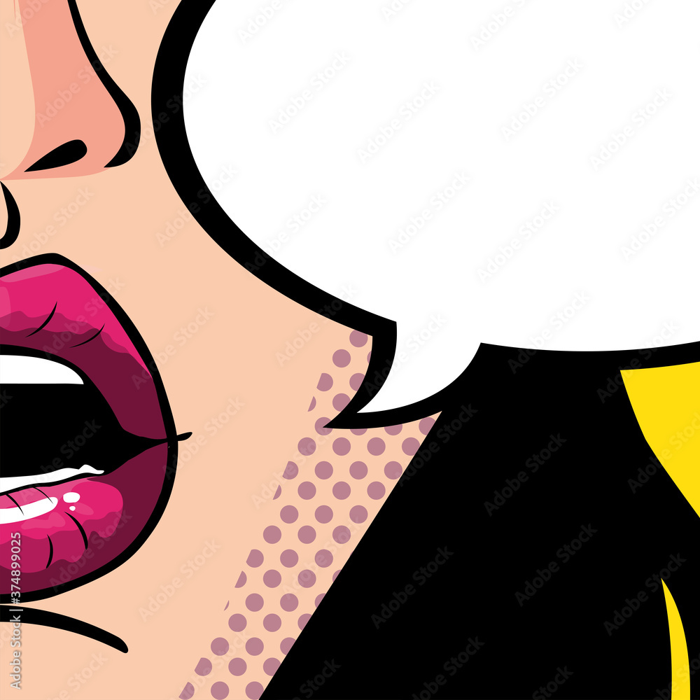 Poster sexy woman lips with speech bubble, pop art style