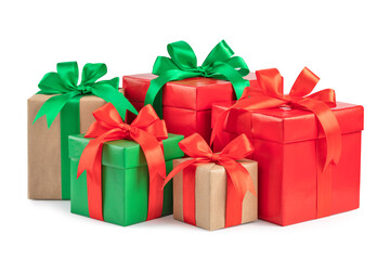 green and red gift box with a ribbon and a bow isolated.