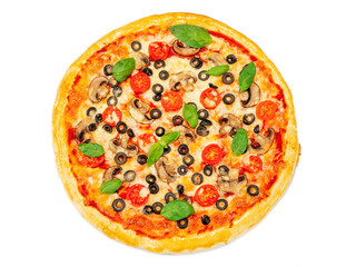 Vegetarian pizza with mushrooms and tomato on white background. top view
