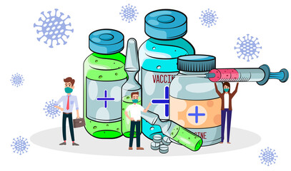 Coronavirus vaccination concept. Vaccine. Ampule, Syringe with vaccine. Vector illustration. Flat cartoon. Banner. 