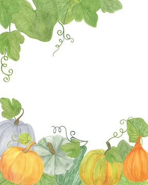 Autumn traditional holidays template thanksgiving, harvest time festival watercolor illustration card template, border and banner with copy space for your text, floral arrangement