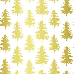 Naklejka na ściany i meble Christmas tree seamless pattern. Noel gold print, New year winter holiday decoration, golden christmas background with firs and snow on white, wrapping paper design