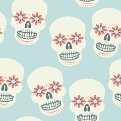 Sugar skulls, day of the dead seamless pattern. Repetitive vector illustration. 