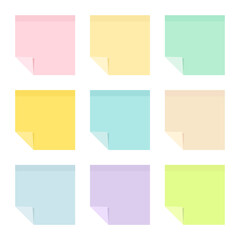 Set of colored sticky paper notes with curled corners. Flat vector illustration isolated on white background