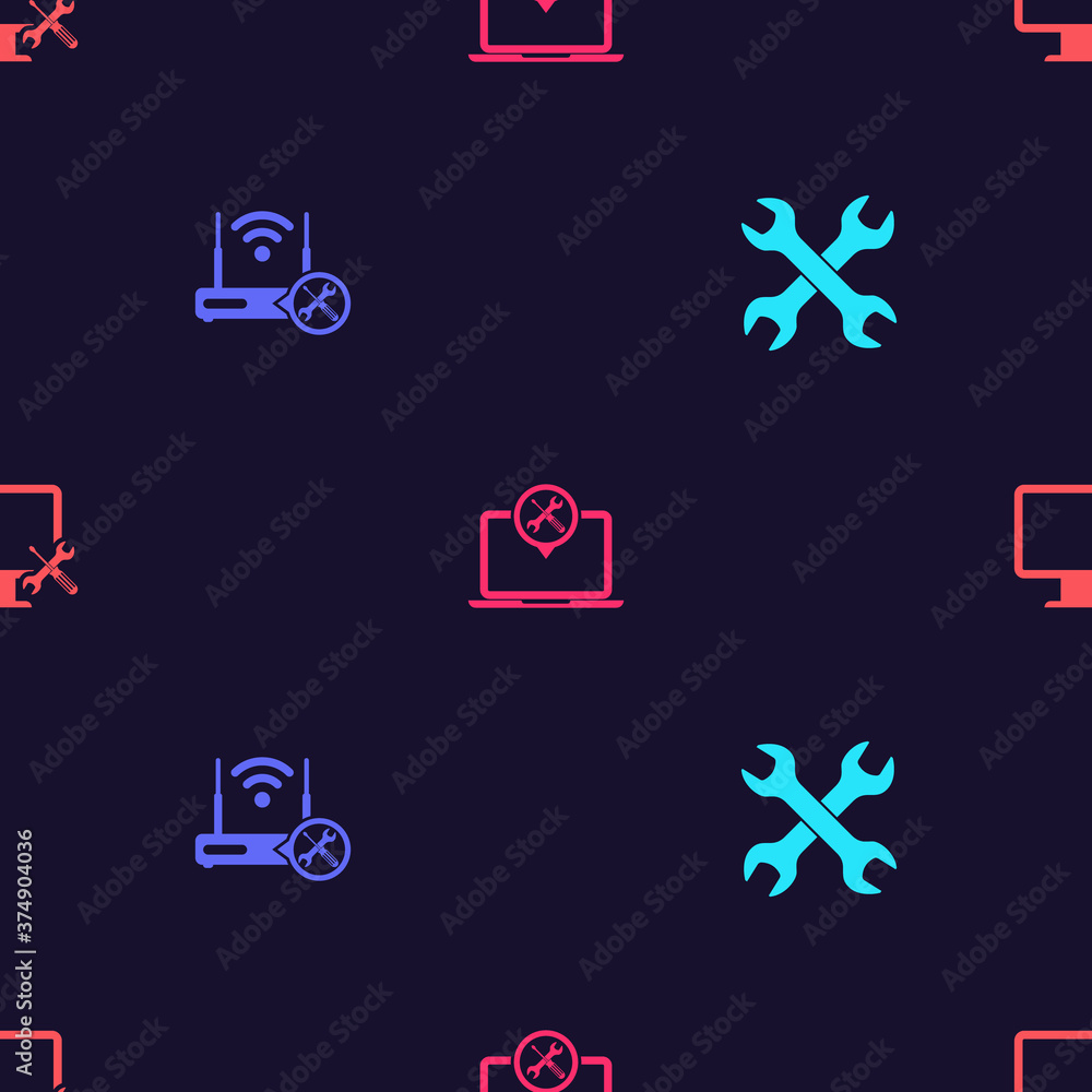 Poster set crossed wrenchs, router wi-fi with service, laptop and computer monitor on seamless pattern. vec