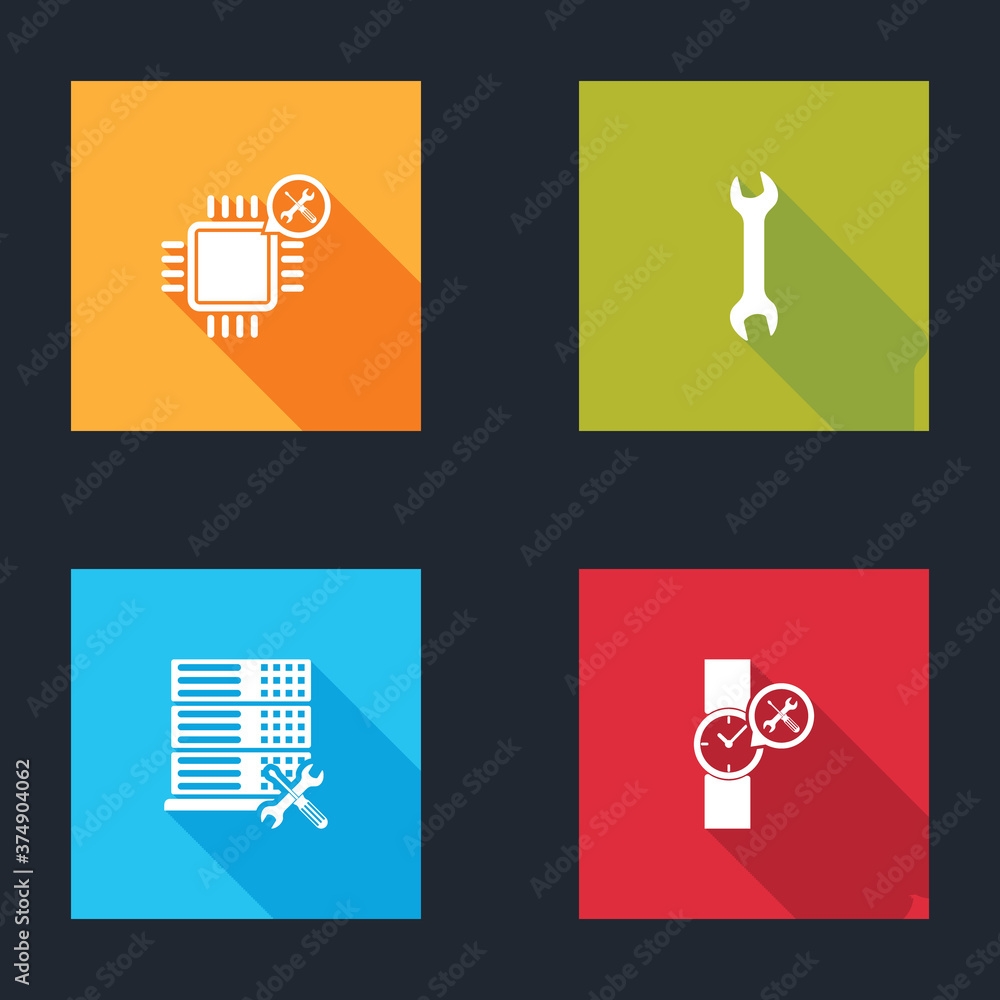 Poster set processor service, wrench, database server and wrist watch icon. vector.