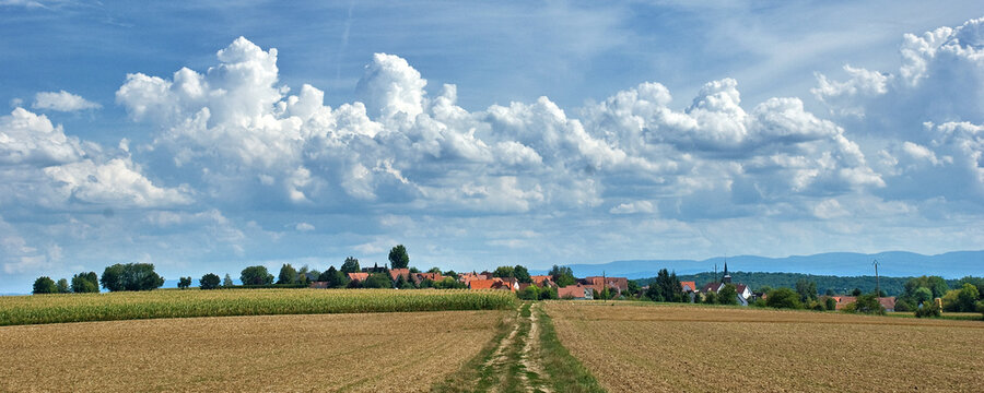 Hunspach, schönstes Dorf Frankreichs 2020, Panorama mit Feldern