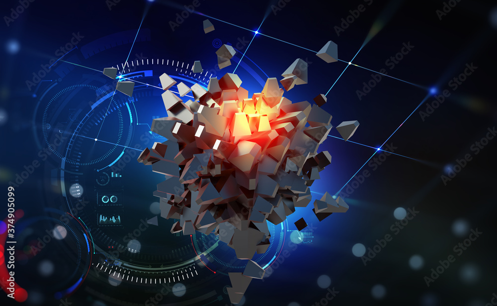 Poster Digital world. Blocks of information collected in a nanostructure. Abstract 3D illustration. Blockchain concepts and computers of future
