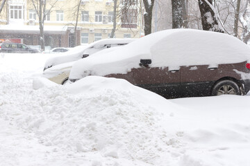 Car into snow. Car parked near home parked into snow.