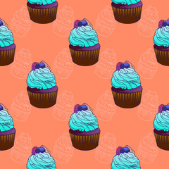Seamless pattern with colorful cartoon cupcakes, vector illustration