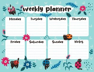 Weekly planner with ladybug cats. Vector graphics.