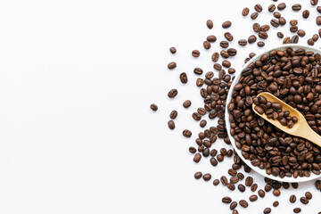 coffee bean on white table background. top view. space for text