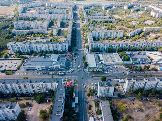 Busy streets of ukrainian small city from drone