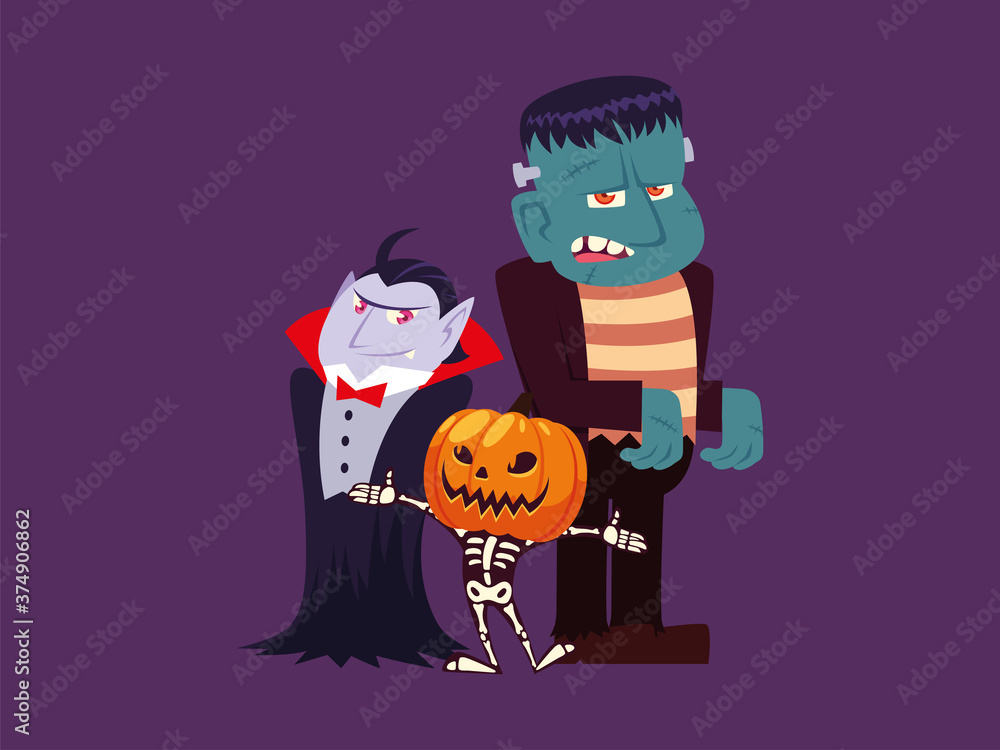 Poster set of characters halloween vampire, frankenstein, pumpkin and skeleton