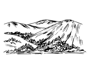 Hand-drawn vector ink drawing. Nature, mountain landscape, trees, bushes. For postcard prints, tourism, travel.