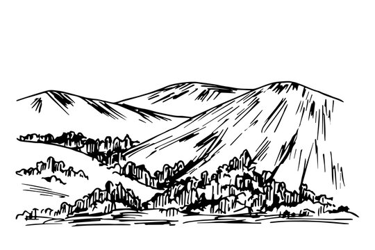 Hand-drawn vector ink drawing. Nature, mountain landscape, trees, bushes. For postcard prints, tourism, travel.