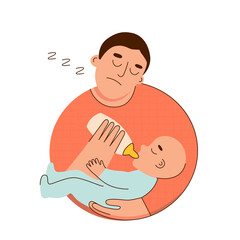 Sad and sleepy father feeding baby with bottle flat style vector illustration