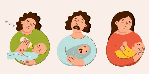Frustrated mother with crying baby vector set. Depressed tired mother holding her little child. Artificial feeding illustration.
