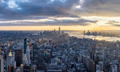 View above Lower Manhattan at sunset, New York City, USA