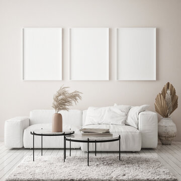 mock up poster frame in modern interior background, living room, Scandinavian style, 3D render, 3D illustration
