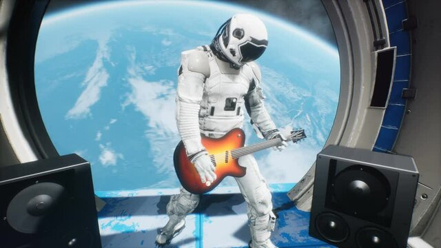 An astronaut on his spaceship plays space music on an electric guitar. Looping animation for fantasy, science fiction, or space backgrounds.