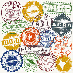 Agra India Stamp Vector Art Postal Passport Travel Design Set Badge.