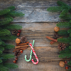 Christmas and New Year holiday background. sweet candy cane and fir tree on wooden table. winter season. copy space