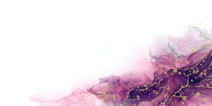 Abstract liquid fluid art painting background alcohol ink technique purple and gold with text space for banner, background in luxury style.