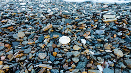 Stony beach on a sunny day. Background of different pebbles from above on the beach