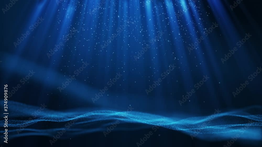 Poster dark light blue particle form abstract animation background with falling and flicker light beam ray 